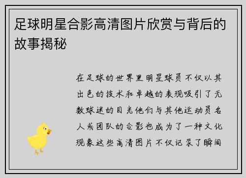 足球明星合影高清图片欣赏与背后的故事揭秘